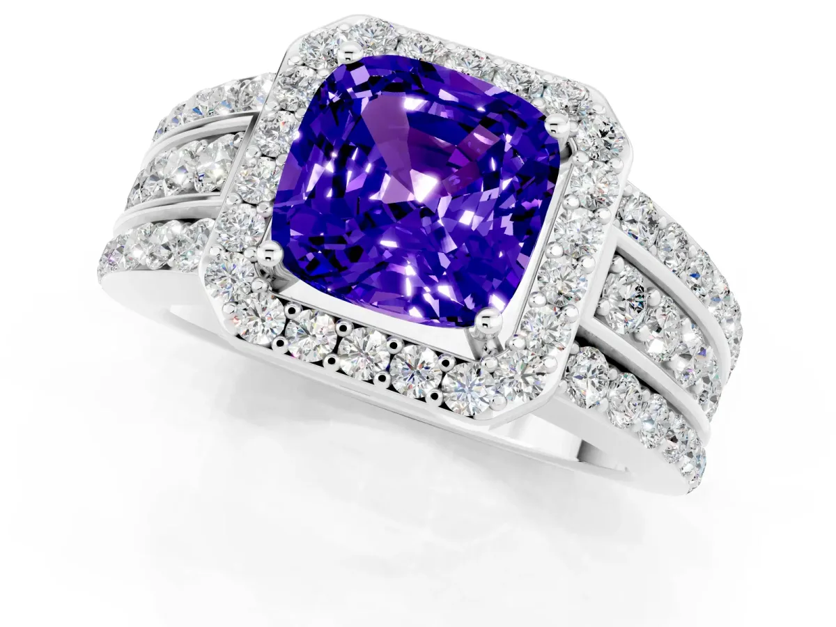 Cushion Cut Halo Tanzanite Ring with Round Split Shank and Prong Setting Silver