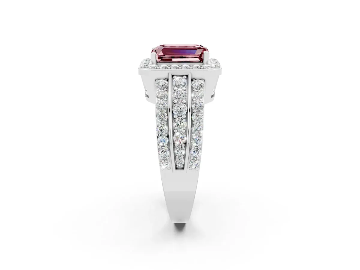 Emerald Cut Halo Morganite Ring with Round Split Shank and Prong Setting Platinum