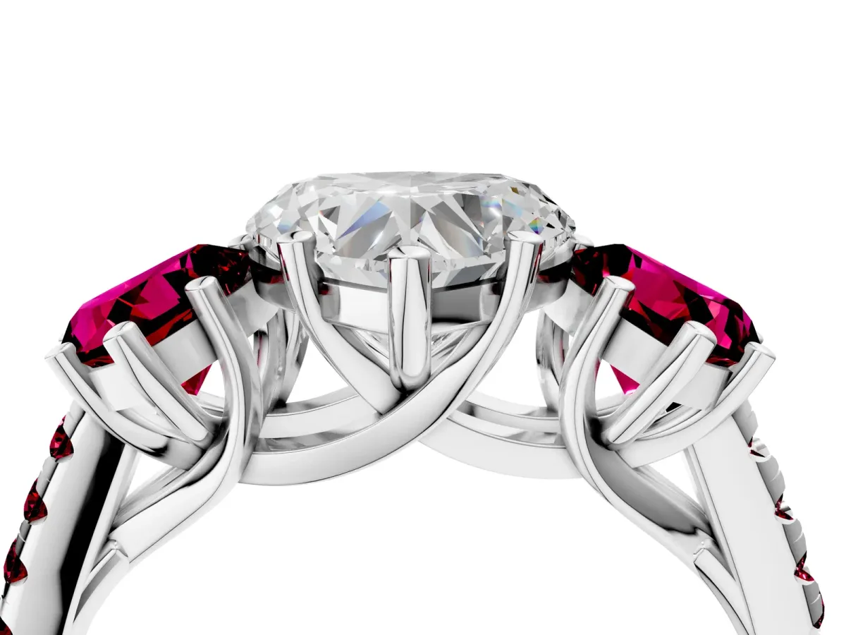 Three-Stone Heart Cut Diamond Ring with Round Garnet Pavé Band and Prong Setting Silver