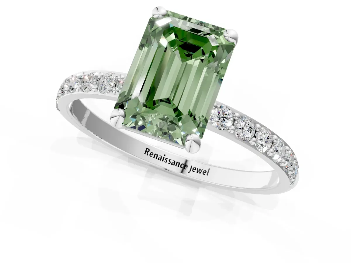 Fancy Green Emerald Cut Diamond Solitaire Ring with Round Pavé Band and Prong Setting Silver