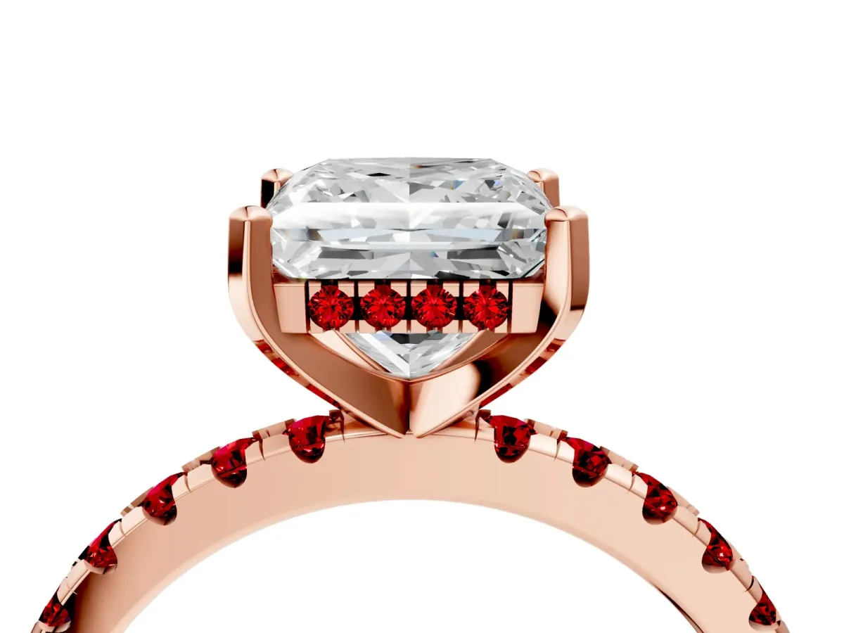 Princess Cut Diamond Solitaire Ring with Round Ruby Pavé Band and Four-Prong Setting Rose gold