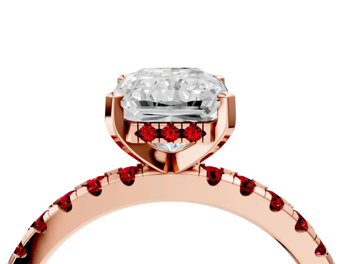 Radiant Cut Diamond Solitaire Ring with Round Ruby Pavé Band and Four-Prong Setting Rose gold