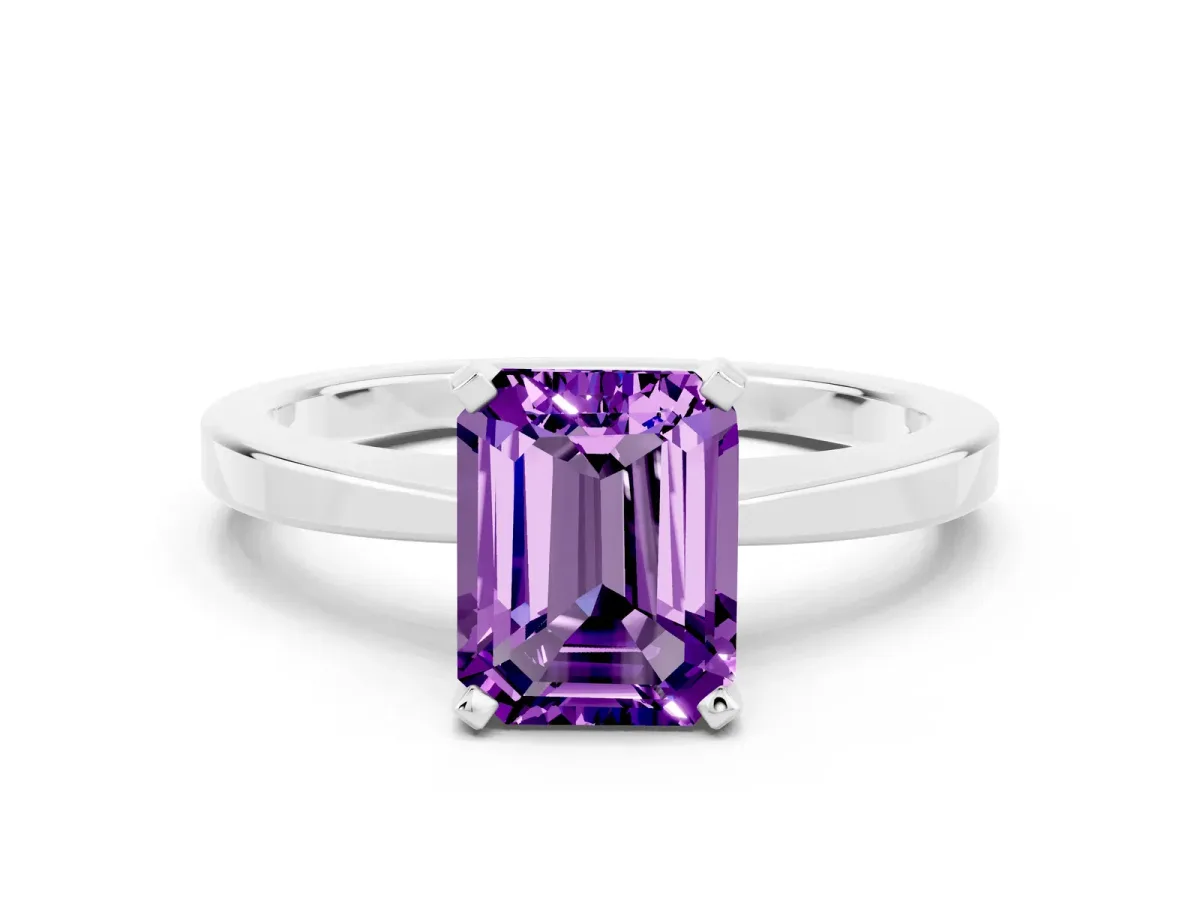 Emerald Cut Amethyst Solitaire Engagement Ring with Classic Band and Four-Prong Setting Silver