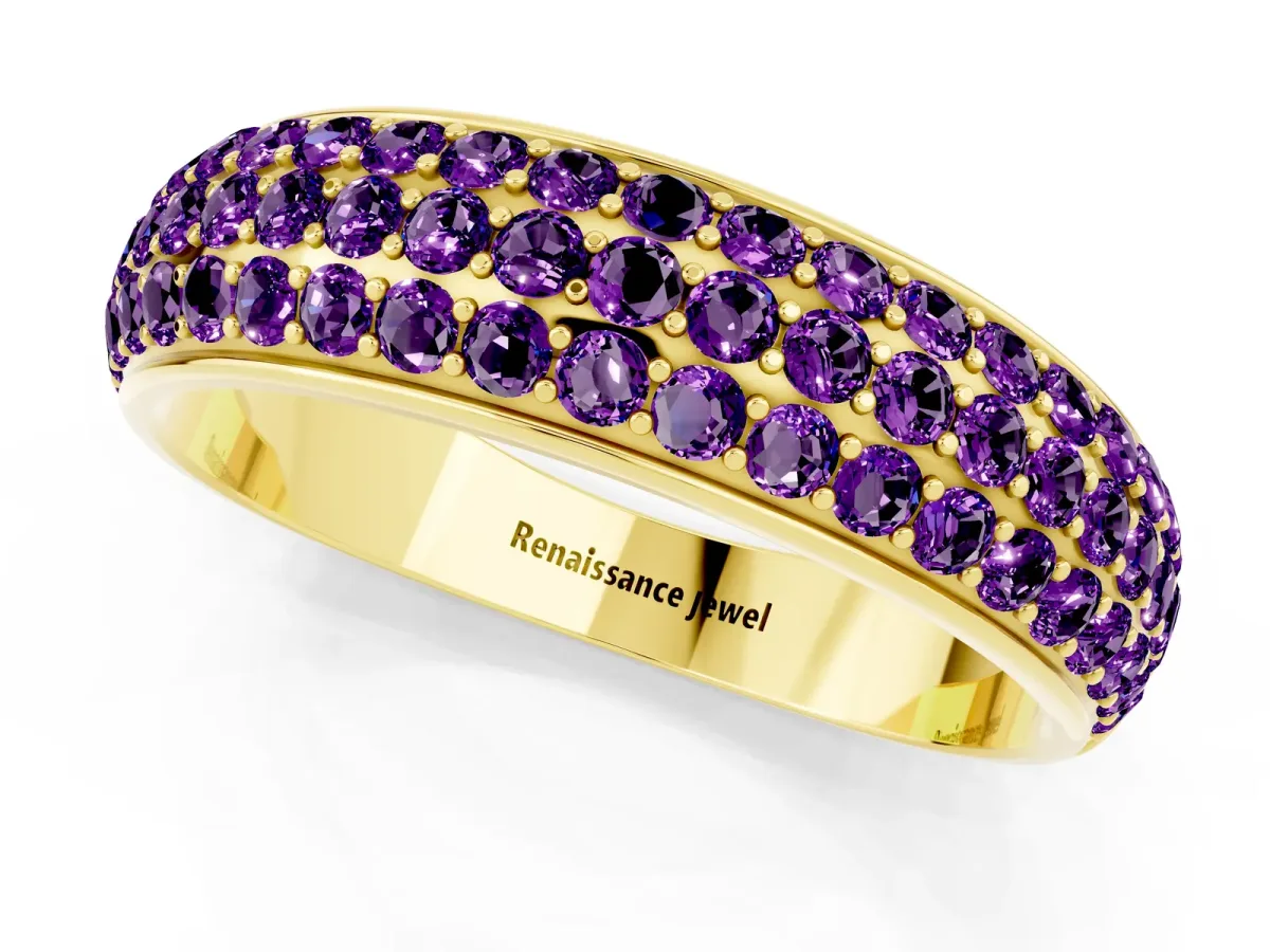 Three-Row Round Amethyst Eternity Band with Shared Prong Setting Yellow gold