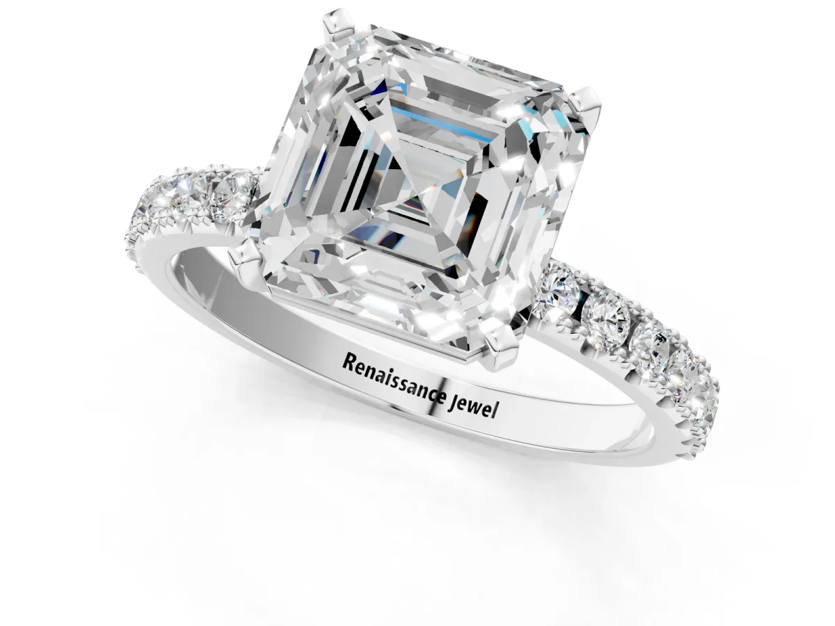 Asscher Cut Diamond Solitaire Pavé Band with Four-Prong Setting Silver