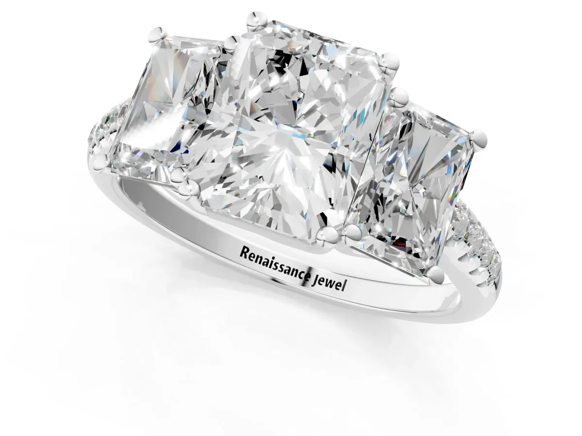 Three-Stone Radiant Cut Diamond Ring with Round Pavé Band and Prong Setting Silver