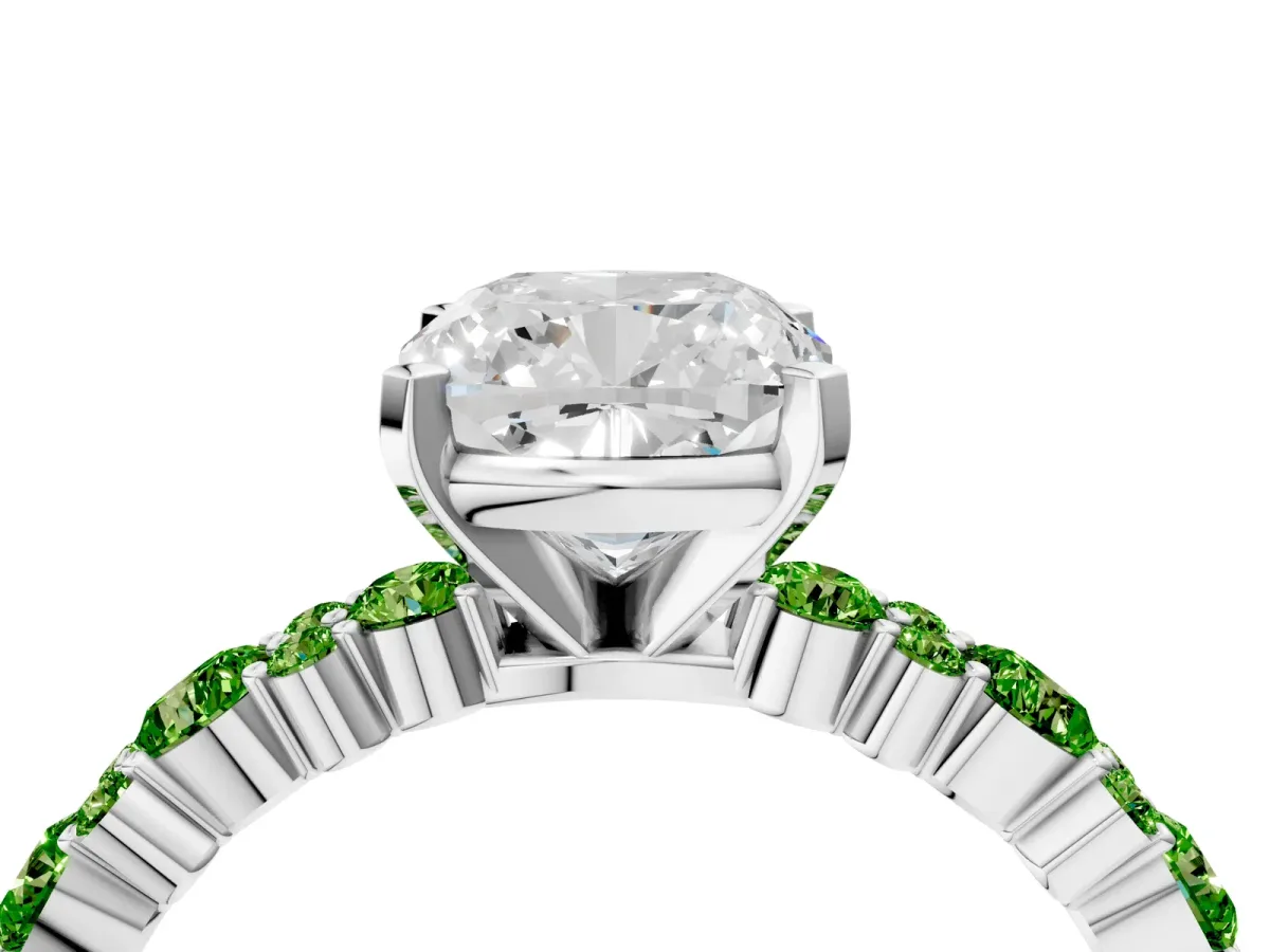 Cushion Cut Diamond Side Stone Solitaire Ring with Round Peridot and Four-Prong Setting Silver