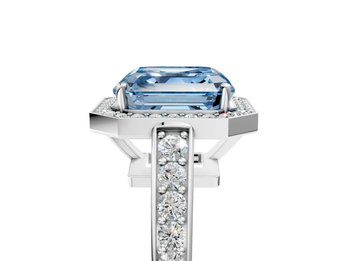 Fancy Blue Asscher Cut Halo Pavé Diamond Engagement Ring with Bezel Setting Silver