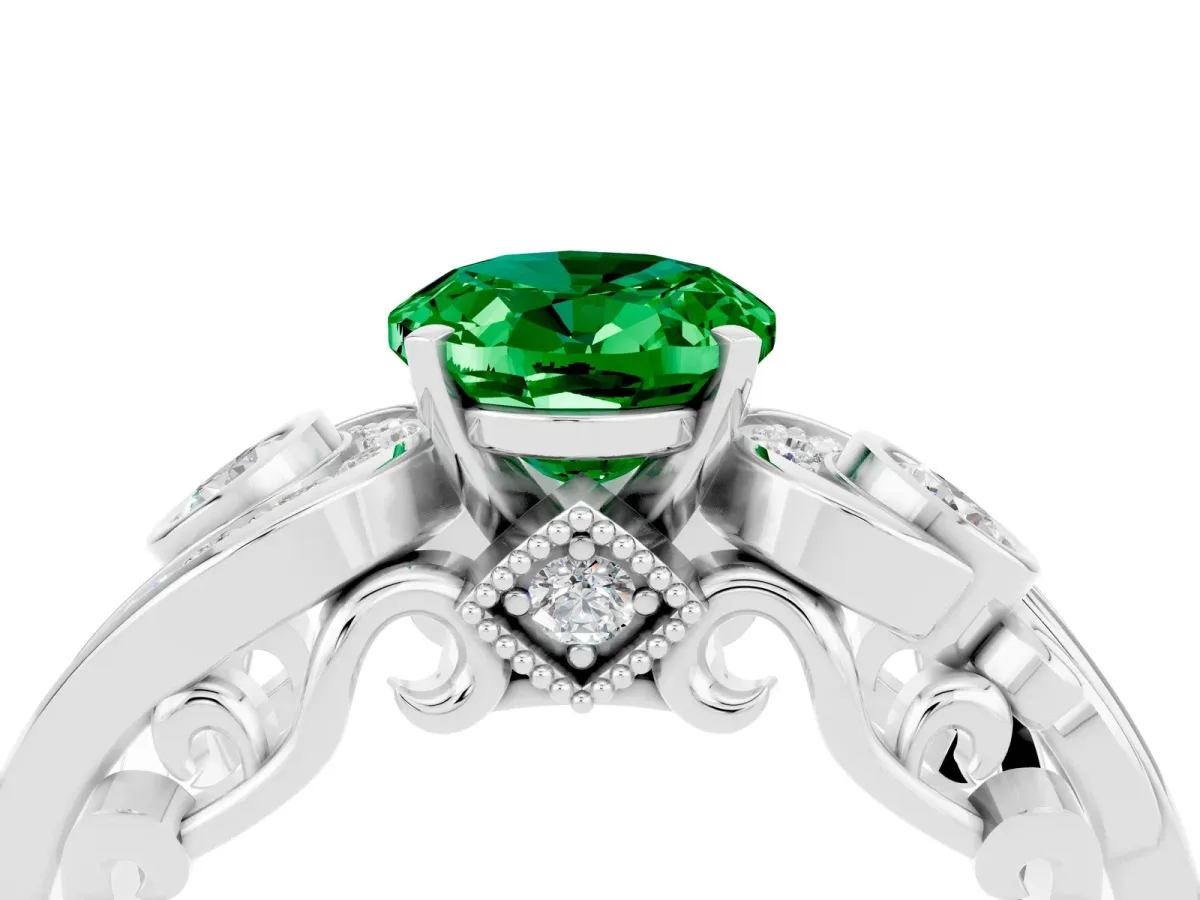 Oval Cut Emerald Solitaire Ring with Milgrain Pavé Band and Four-Prong Setting Platinum