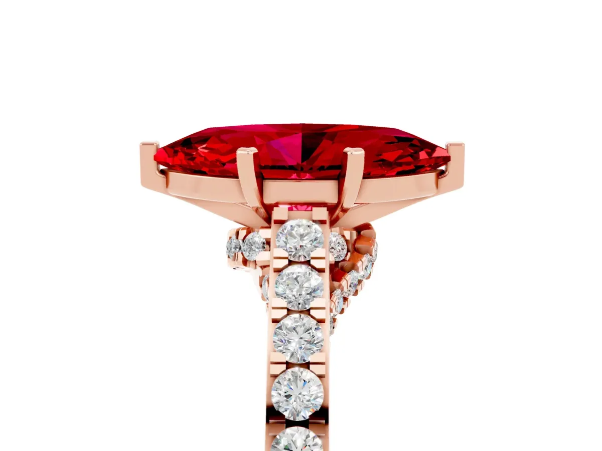 Marquise Cut Ruby Solitaire Ring with Crossover Gallery and Round Pavé Band Rose gold