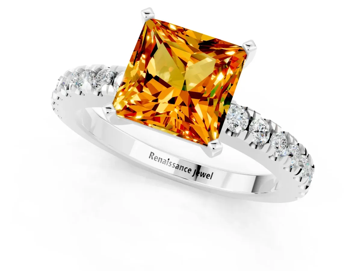 Princess Cut Solitaire Citrine with Pavé Band and Four-Prong Setting Silver