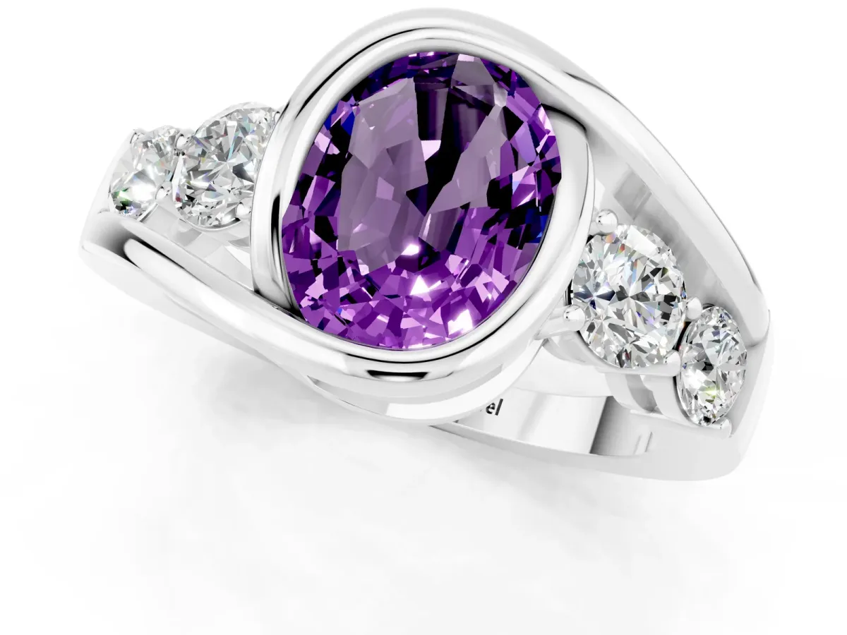 Bezel Set Oval Cut Amethyst Bypass Ring with Round Accents Silver