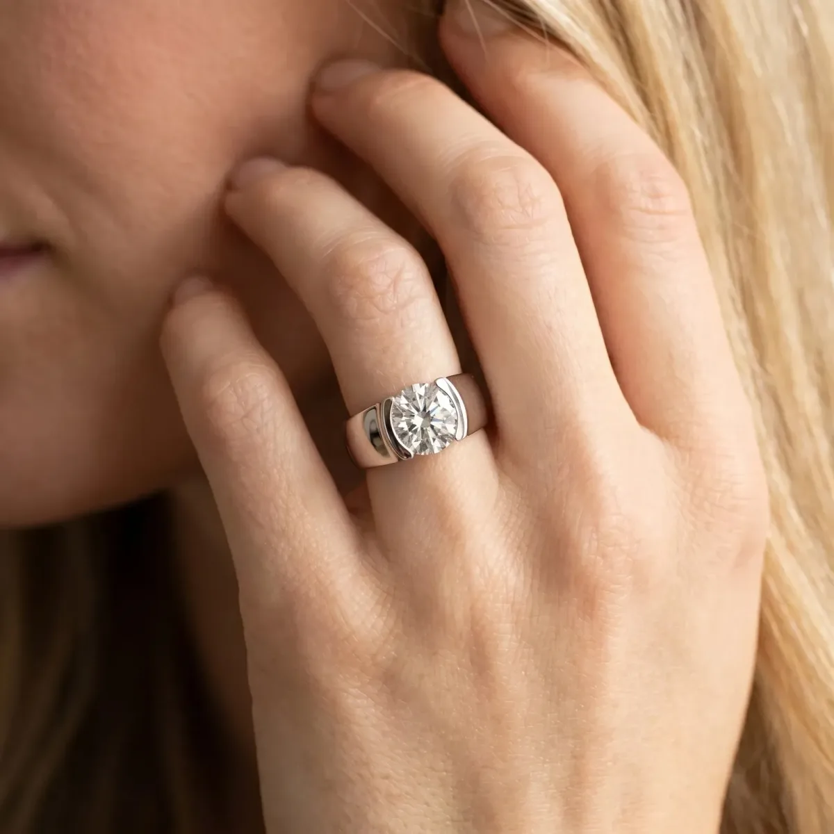 Asscher Cut Solitaire Bezel Set Diamond Ring with Wide Band Platinum