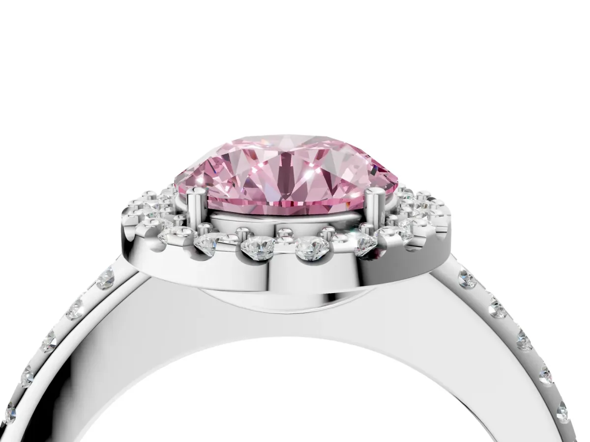 Fancy Pink Round Cut Diamond Pavé Halo Ring with Four-Prong Setting Platinum