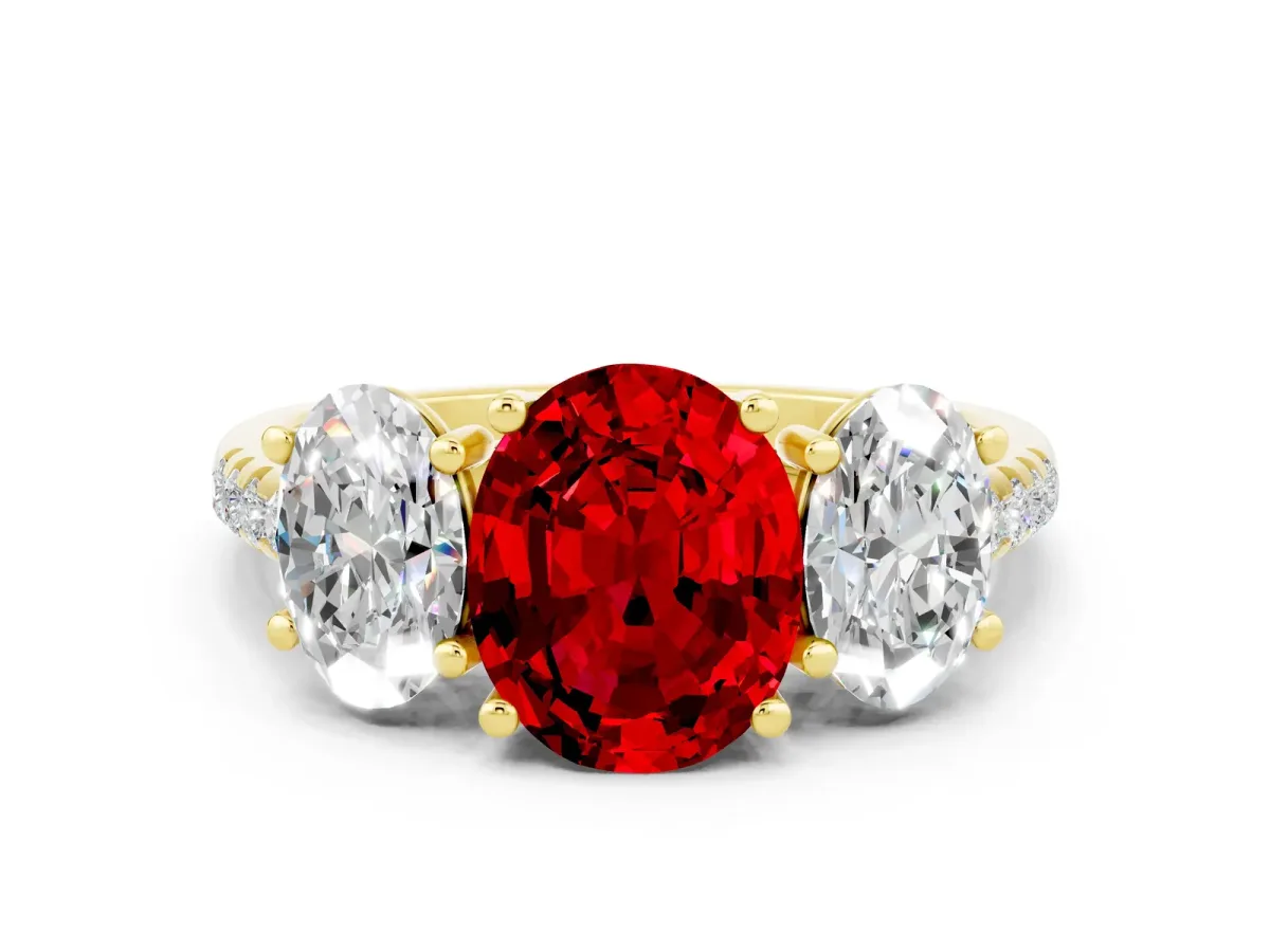 Three-Stone Oval Cut Ruby Ring with Round Pavé Band and Prong Setting Yellow gold