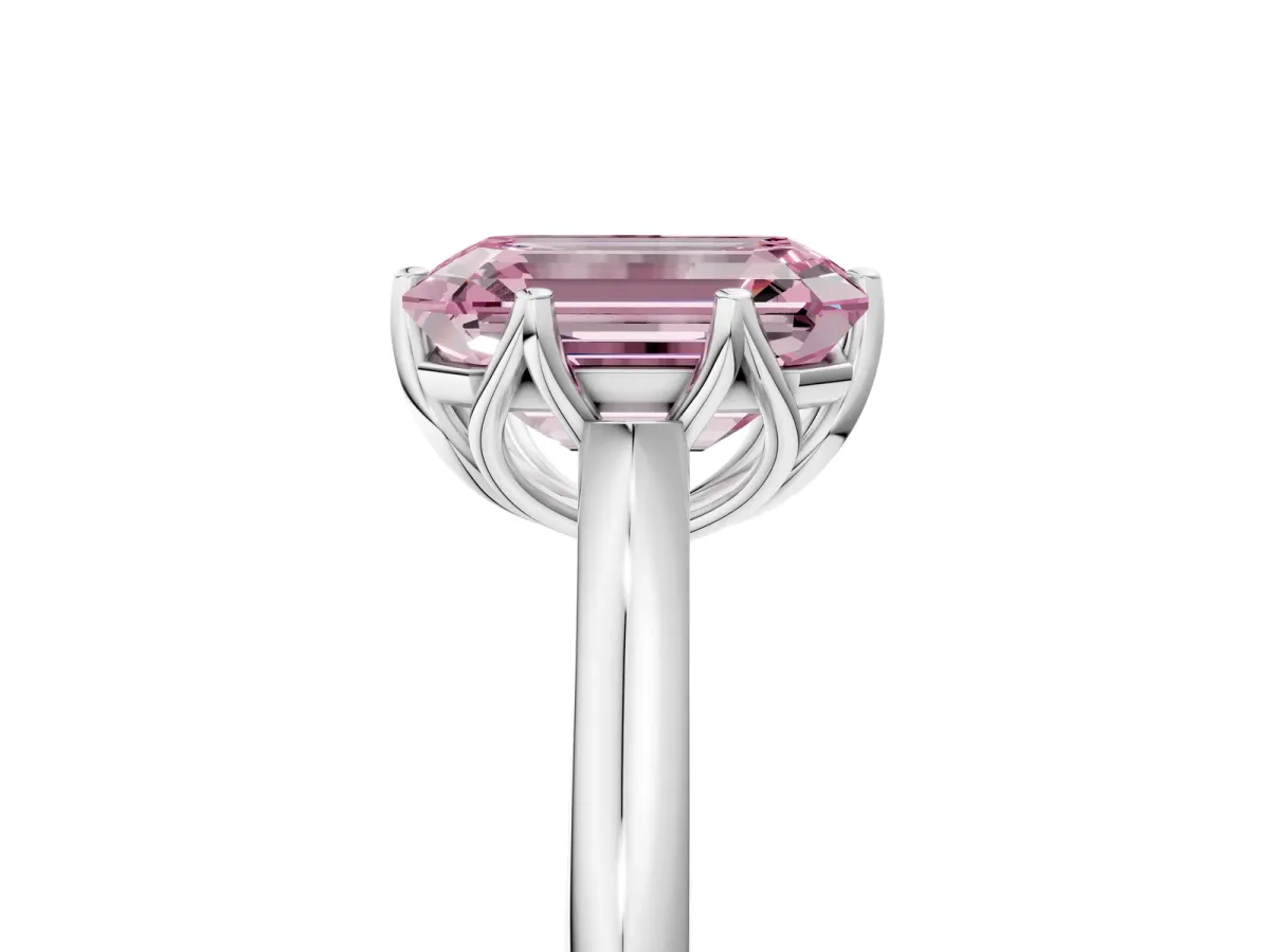Fancy Pink Emerald Cut Solitaire Cathedral Diamond Ring with Six-Prong Setting Silver