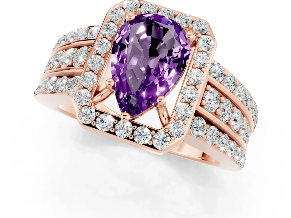 Pear Cut Halo Amethyst Ring with Round Split Shank and Prong Setting Rose gold