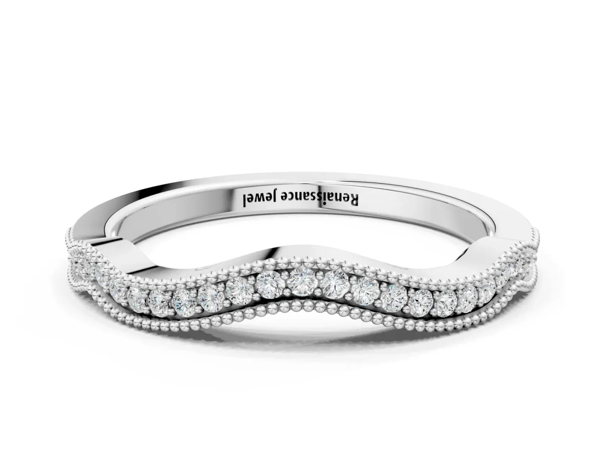 Pavé Round Diamond Curved Milgrain Band Silver