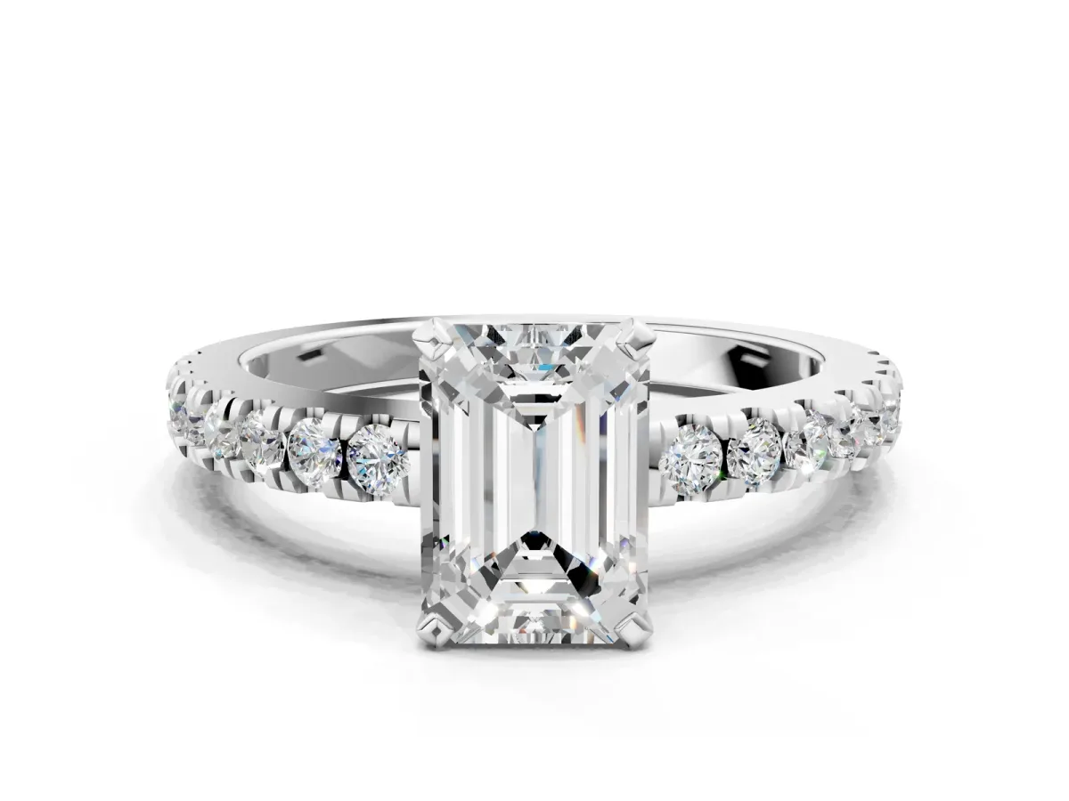 Emerald Cut Solitaire Diamond with Pavé Band and Four-Prong Setting White gold