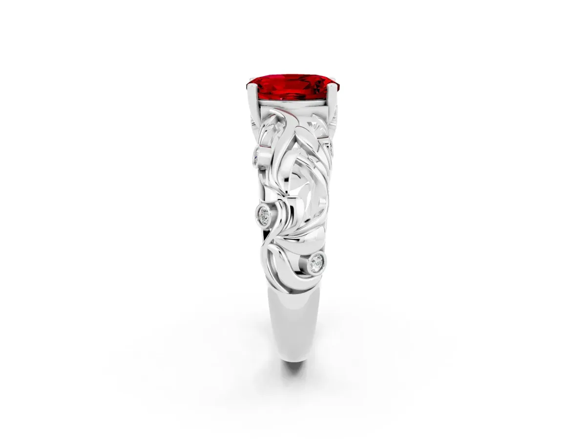 Oval Cut Solitaire Ruby Leaf-Inspired Vine Band Ring with Prong Setting White gold