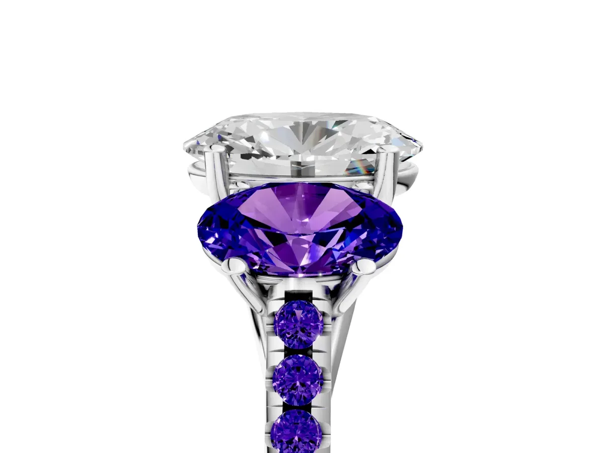 Three-Stone Oval Cut Diamond Ring with Round Tanzanite Pavé Band and Prong Setting Silver