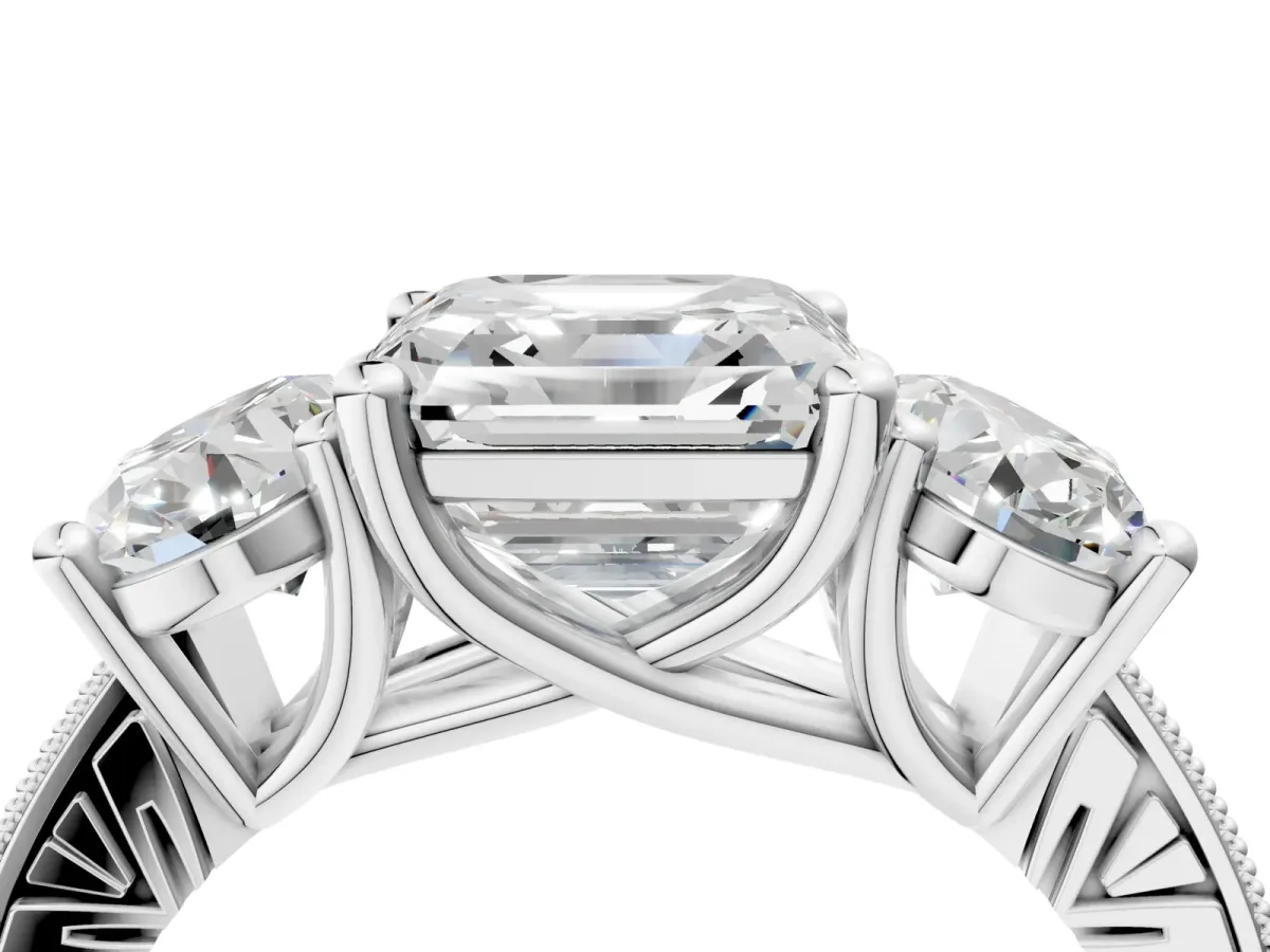 Three-Stone Asscher Cut Diamond Milgrain Pave Band with Prong Setting Platinum