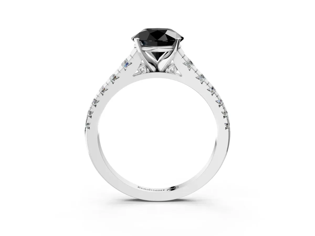Fancy Black Round Cut Diamond Cathedral Solitaire Ring with Round Pavé Band Silver