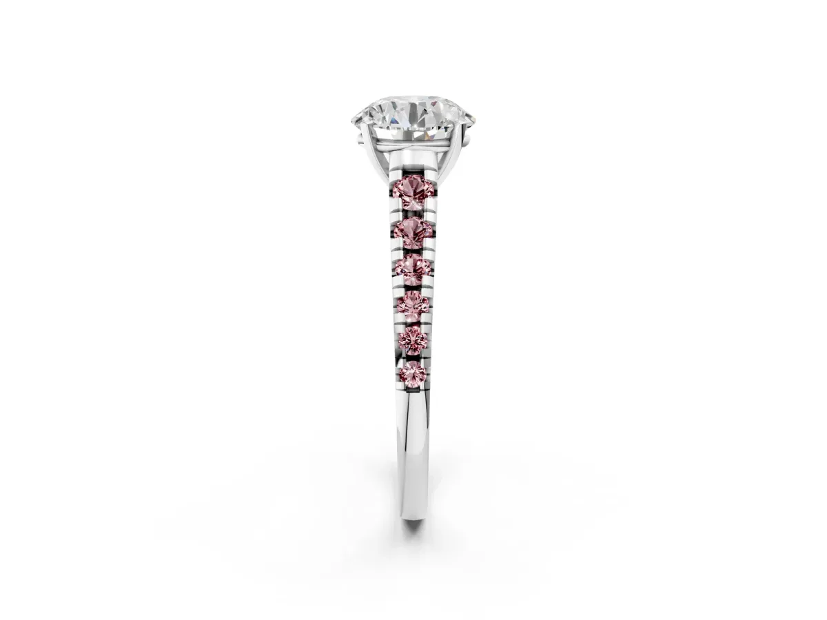 Round Cut Diamond Cathedral Solitaire Ring with Round Morganite Pavé Band Silver