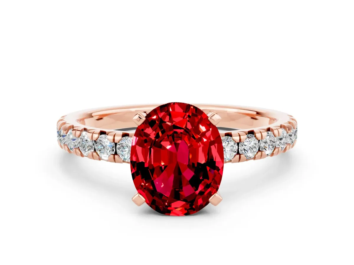 Oval Cut Ruby Solitaire Pavé Engagement Ring with Round Band and Prong Setting Rose gold