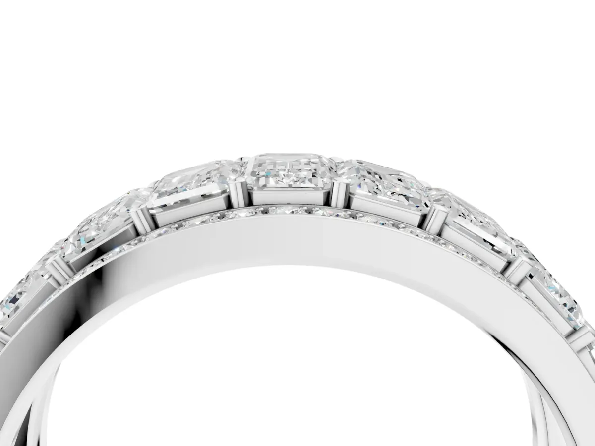 Emerald Cut and Round Diamond Multi-Row Mens Band Silver