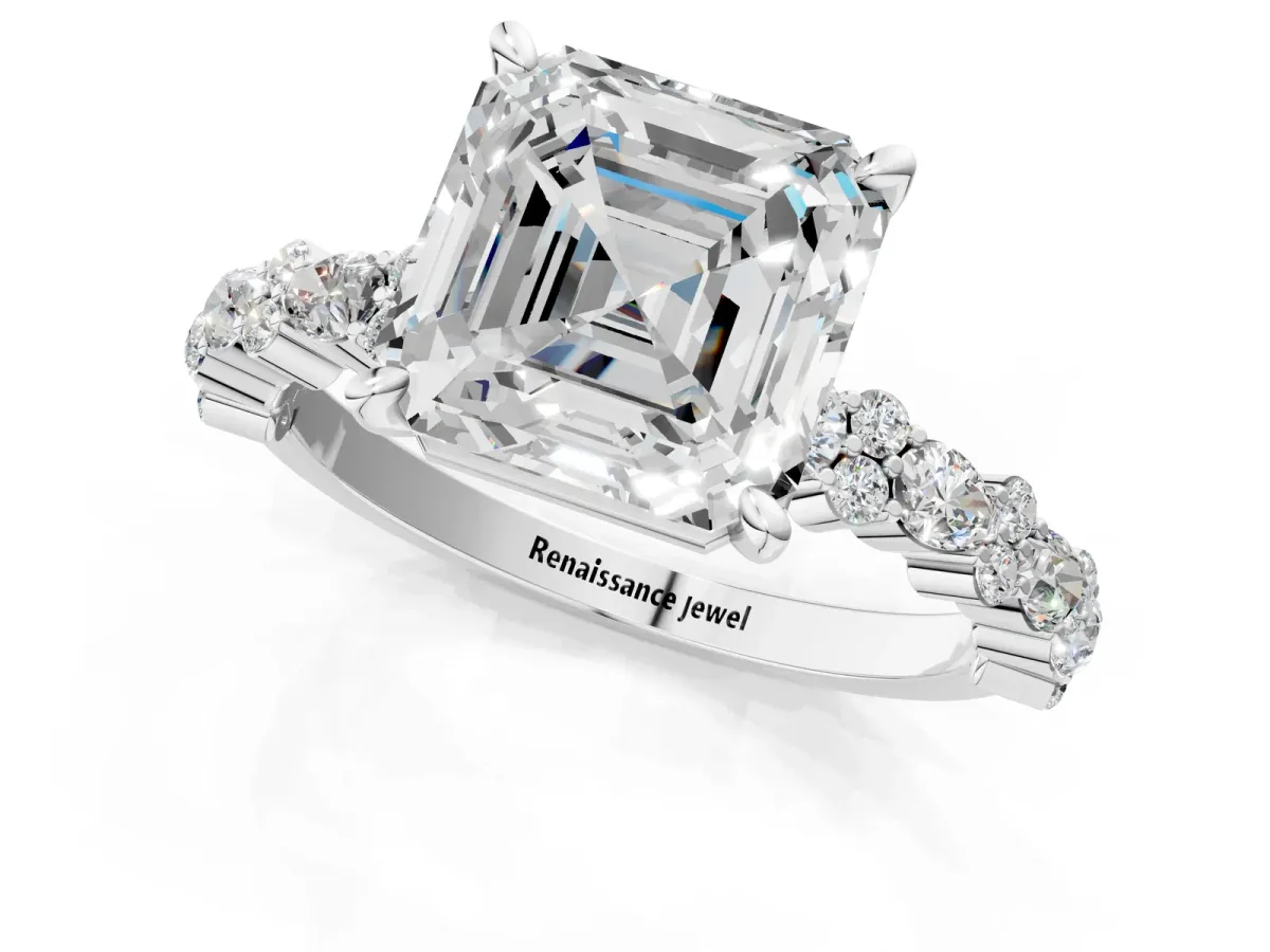 Asscher Cut Diamond Side Stone Solitaire Ring with Round and Four-Prong Setting Platinum
