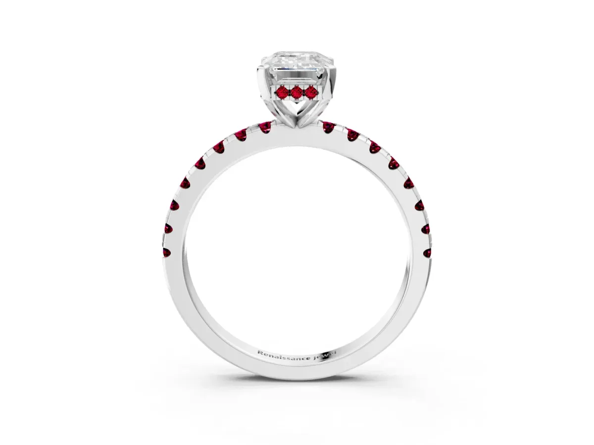 Emerald Cut Diamond Solitaire Ring with Round Garnet Pavé Band and Four-Prong Setting Silver