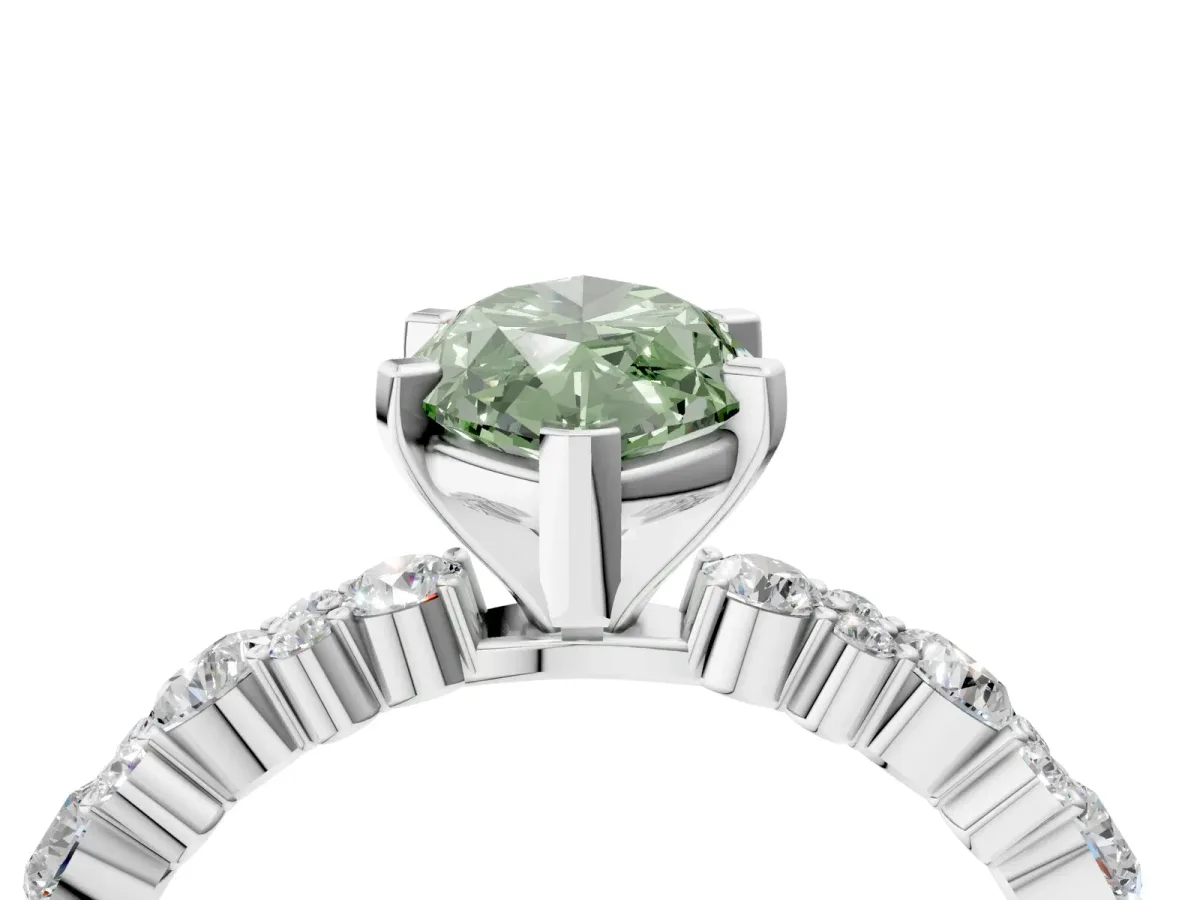 Fancy Green Marquise Cut Diamond Side Stone Solitaire Ring with Round and Four-Prong Setting Platinum