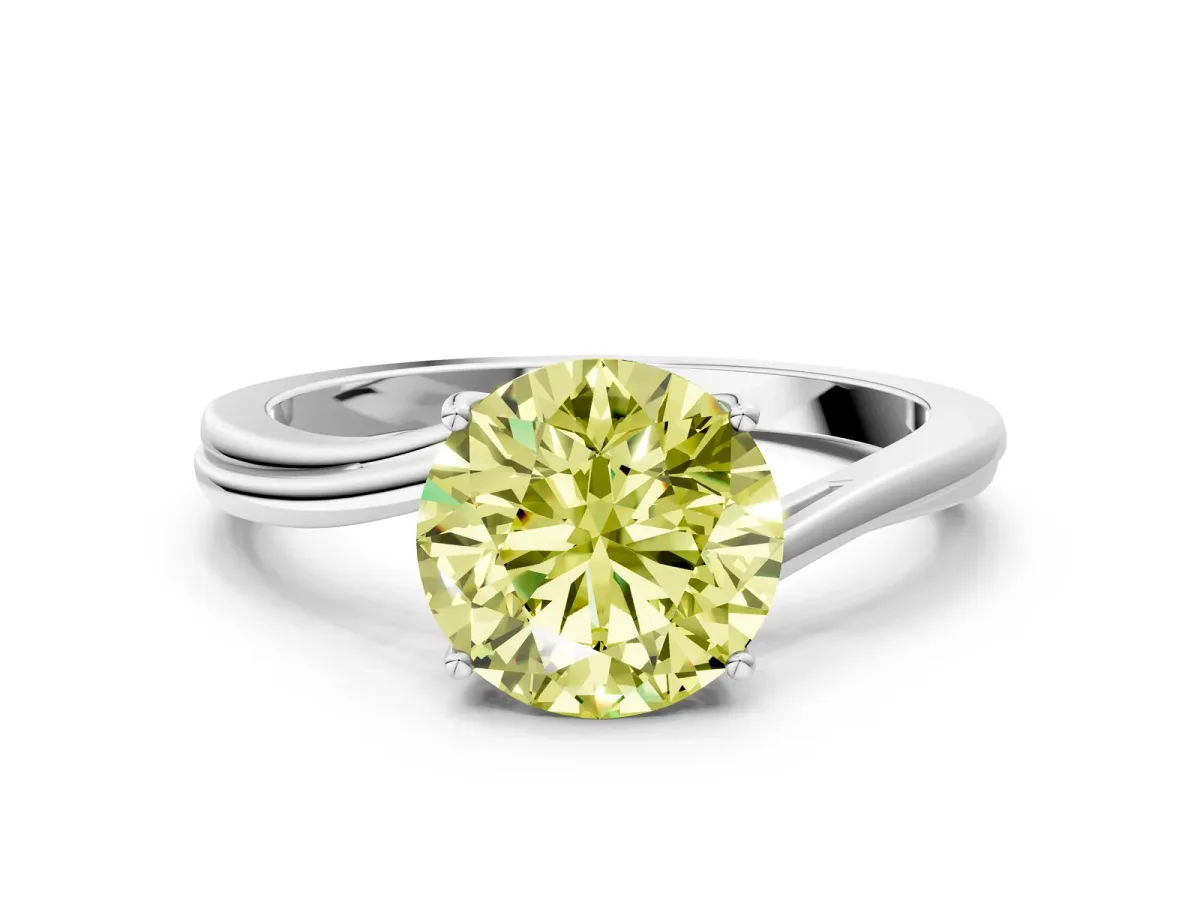 Fancy Yellow Round Cut Cut Solitaire Twist Band Ring with Four-Prong Setting Silver