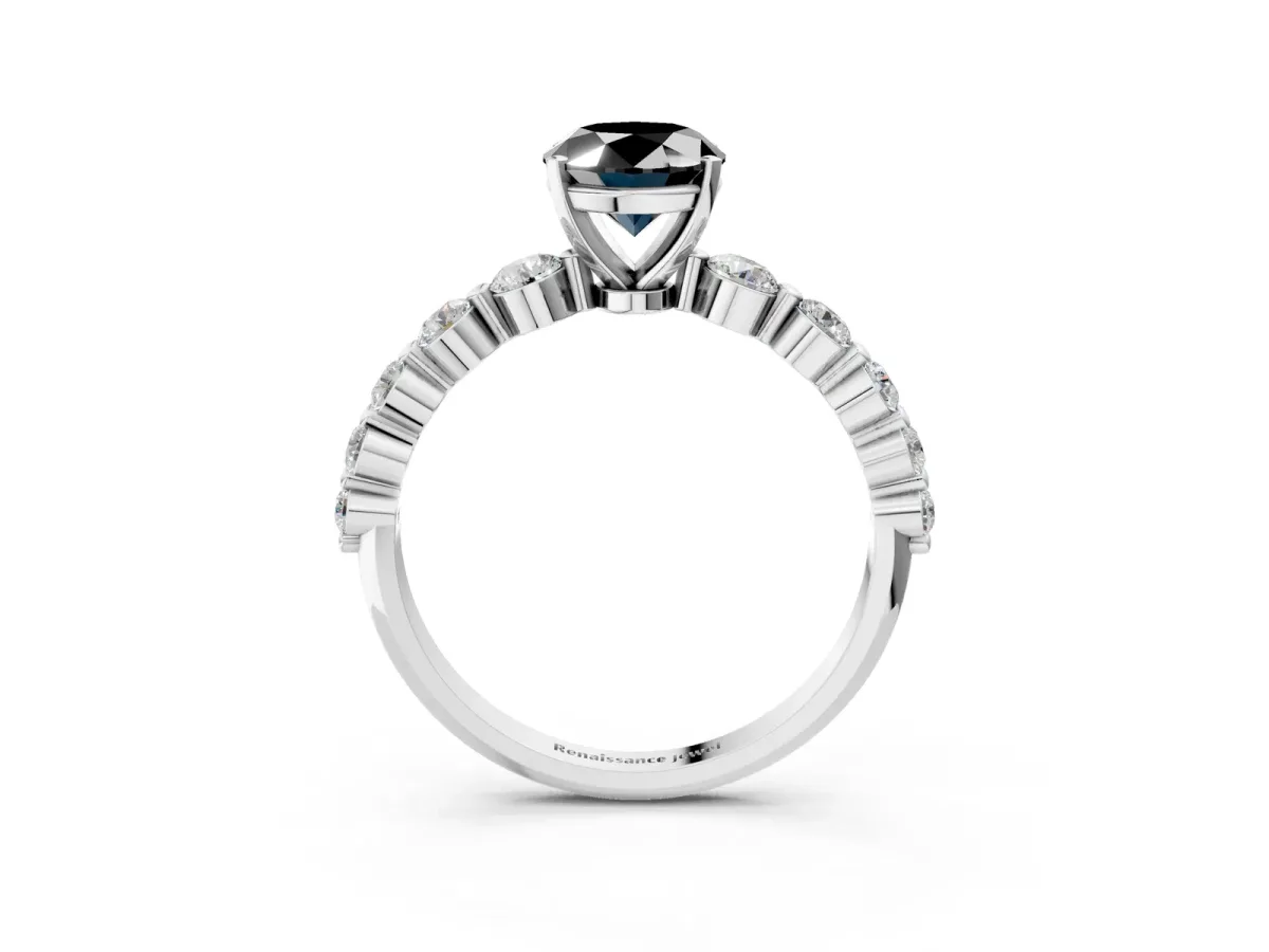 Fancy Black Oval Cut Solitaire Diamond Ring with Pave Band and Four-Prong Setting Platinum