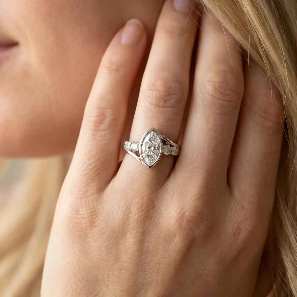 Bezel Set Marquise Cut Diamond Bypass Ring with Round Accents Silver