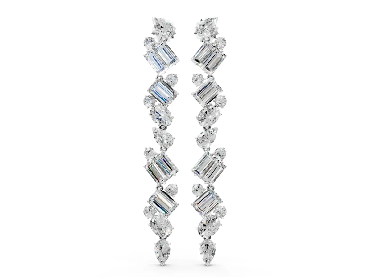 Pear, Emerald, and Round Diamond Linear Drop Earrings Platinum