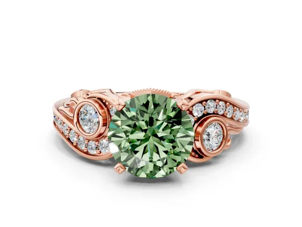 Fancy Green Round Cut Diamond Solitaire Ring with Milgrain Pavé Band and Four-Prong Setting Rose gold
