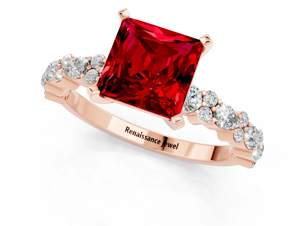 Princess Cut Ruby Side Stone Solitaire Ring with Round and Four-Prong Setting Rose gold