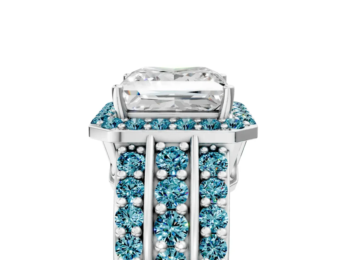 Princess Cut Halo Diamond Ring with Round Blue Topaz Split Shank and Prong Setting Silver