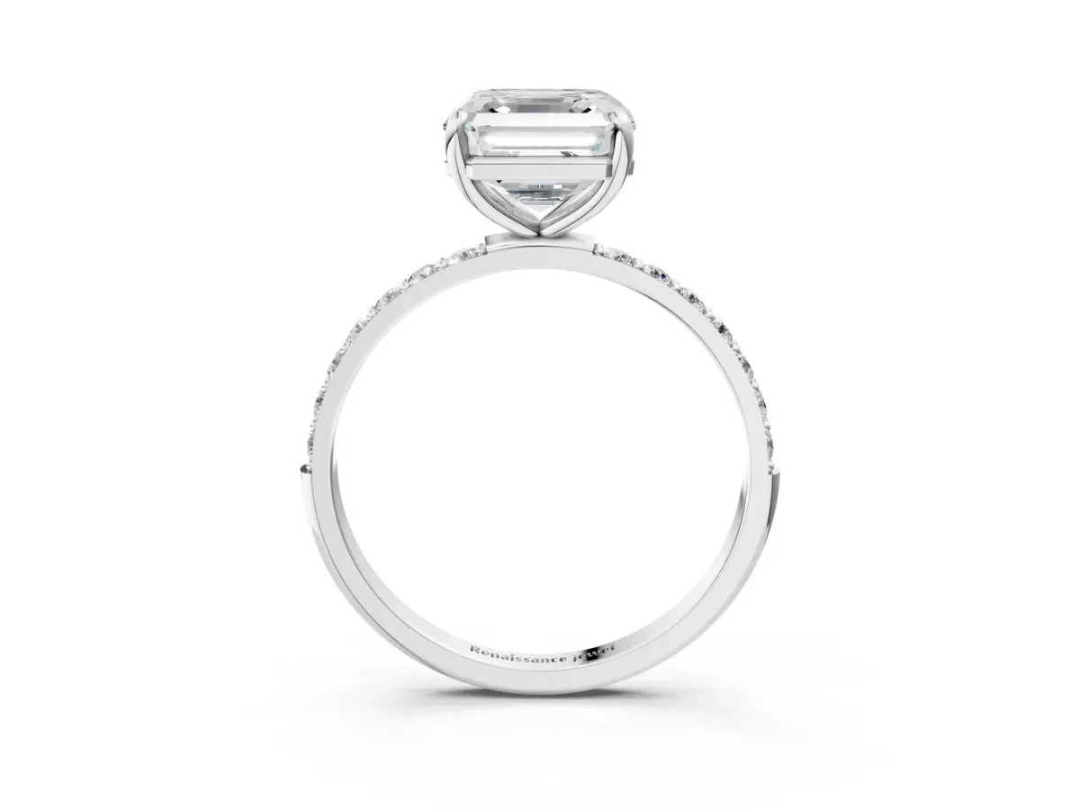 Asscher Cut Diamond Solitaire Ring with Round Pavé Band and Prong Setting Platinum