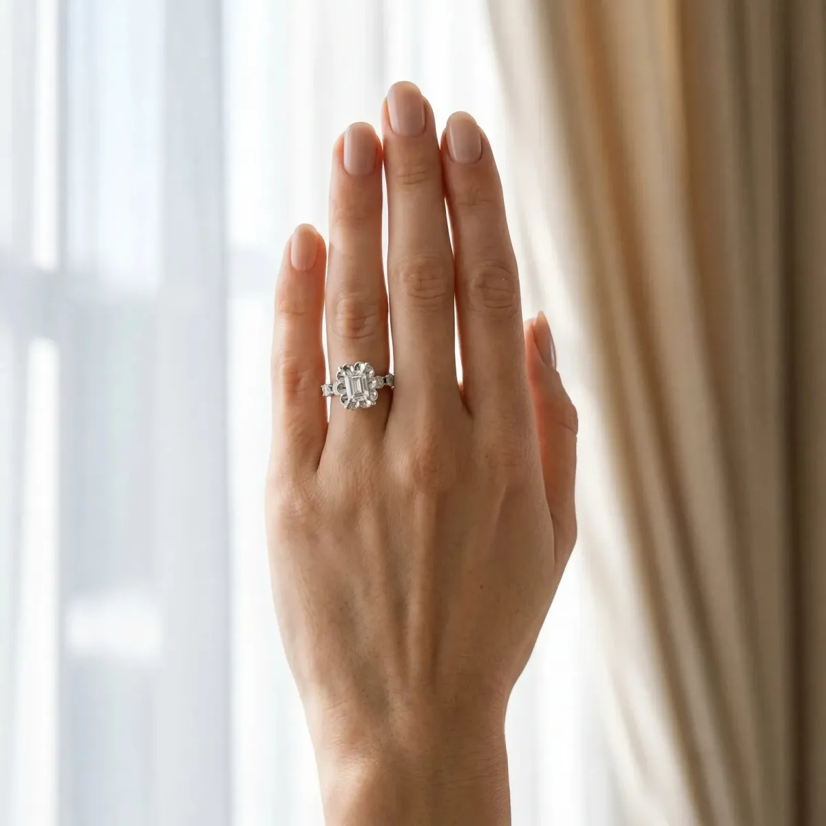 Emerald Cut Cut Diamond Floral Halo Engagement Ring with Shared Prong Setting Silver