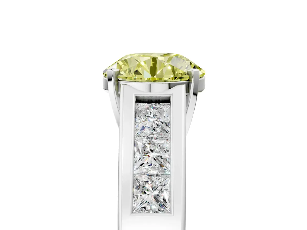 Fancy Yellow Round Cut Cut Channel Set Solitaire Ring with Four-Prong Setting Silver