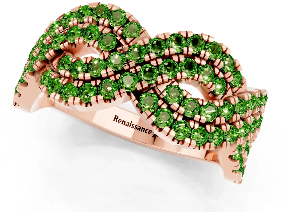 Pavé Round Peridot Infinity Twist Band with Shared Prong Setting Rose gold