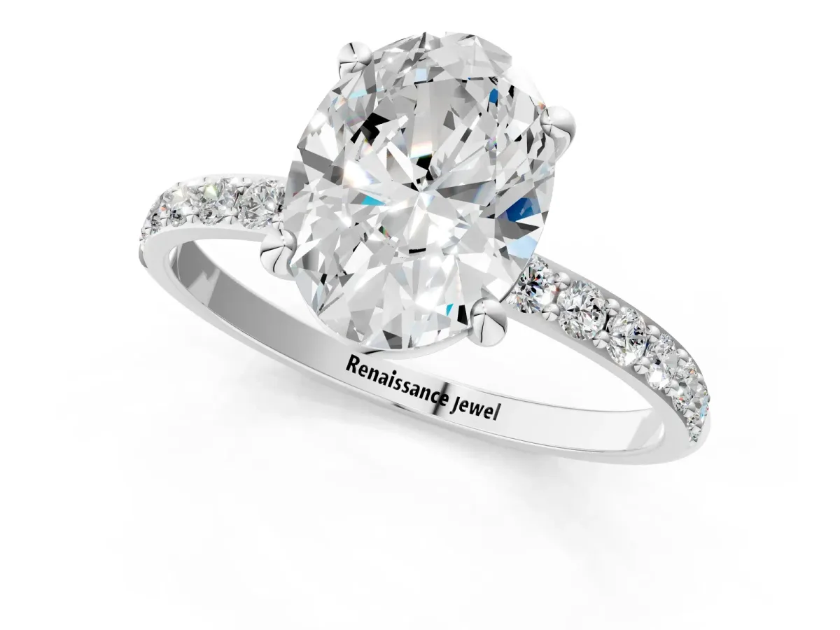 Oval Cut Diamond Solitaire Ring with Round Pavé Band and Prong Setting Silver