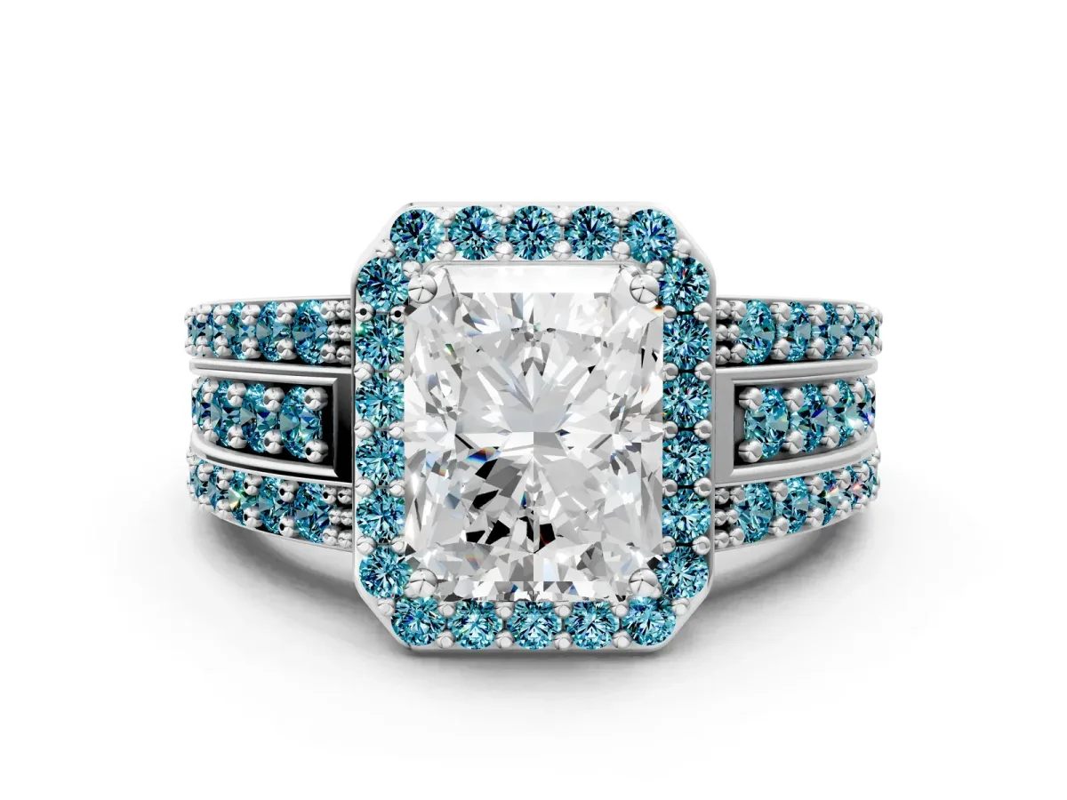 Radiant Cut Halo Diamond Ring with Round Blue Topaz Split Shank and Prong Setting Silver