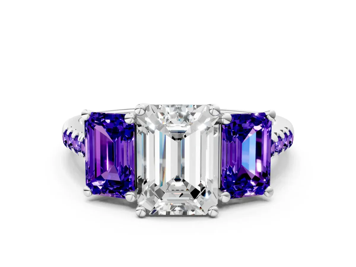 Three-Stone Emerald Cut Diamond Ring with Round Tanzanite Pavé Band and Prong Setting Silver