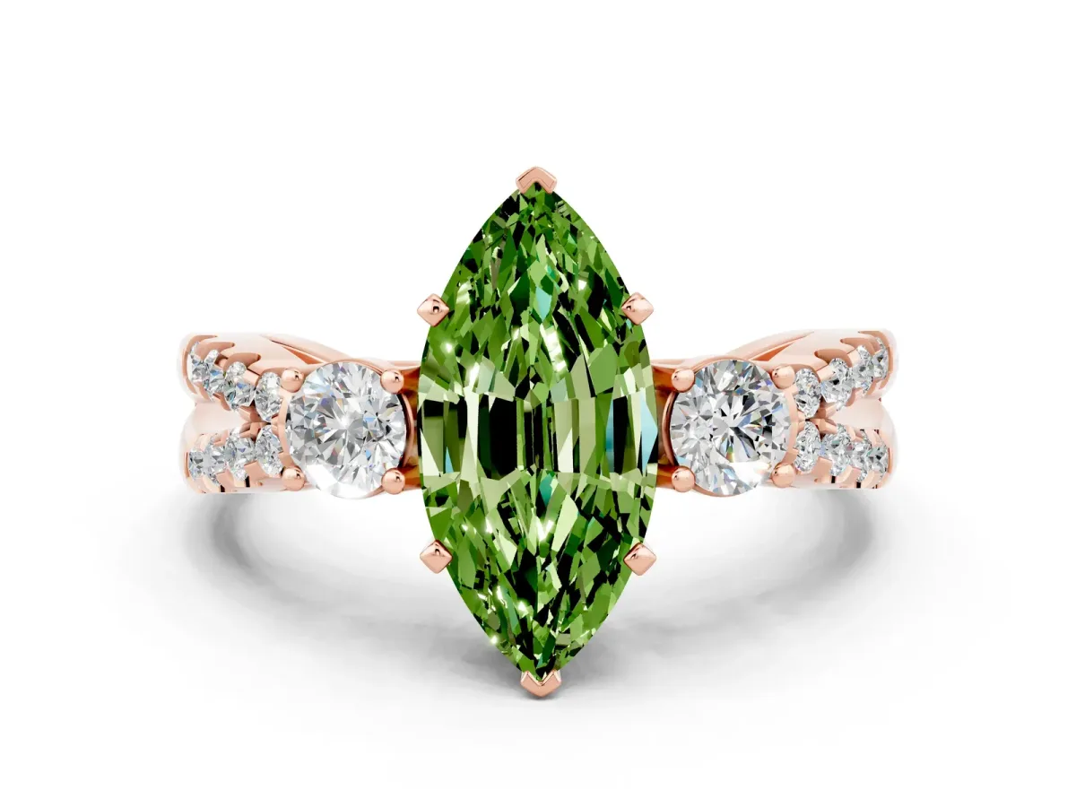 Marquise Cut Peridot Three-Stone Ring with Pavé Split Shank and Four-Prong Setting Rose gold