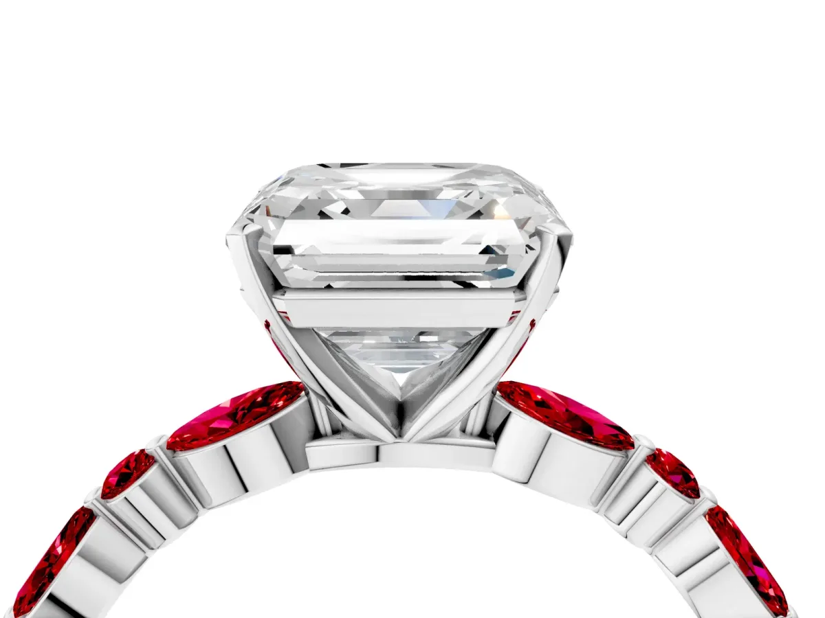 Asscher Cut Diamond Ring with Marquise and Round Ruby Side Stones and Four-Prong Setting White gold