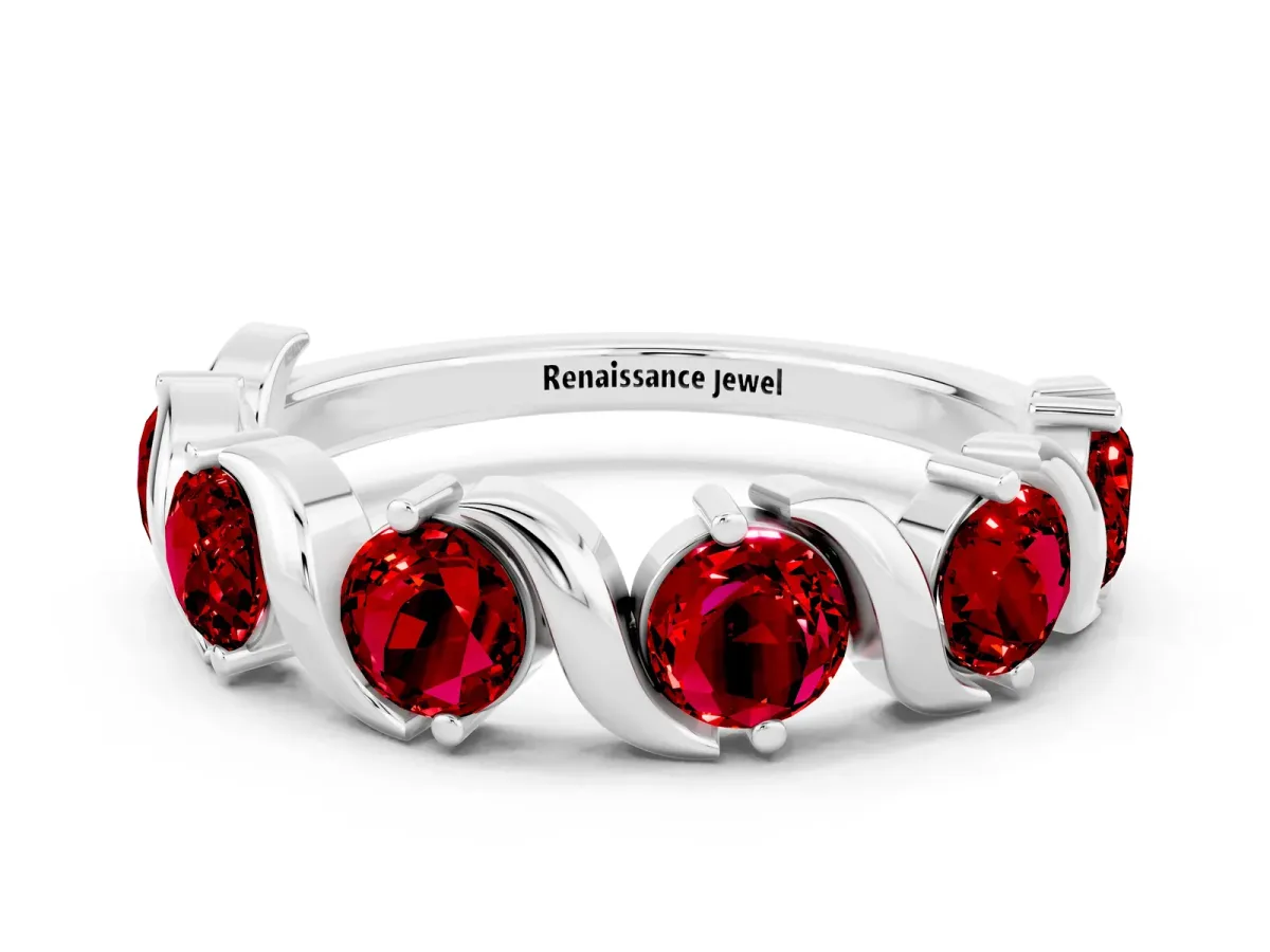 Round Ruby Half Eternity Band with Wave Prong Setting Silver